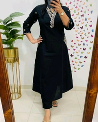 LCJ 5619 Designer Cotton* With Heavy thread Kurta pant Embroidery work side Pockets... - Black, XL-42