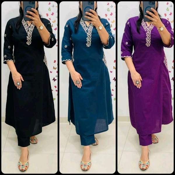 LCJ 5619 Designer Cotton* With Heavy thread Kurta pant Embroidery work side Pockets... - Black, XL-42