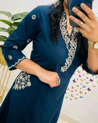 LCJ 5619 Designer Cotton* With Heavy thread Kurta pant Embroidery work side Pockets... - Blue, L-40