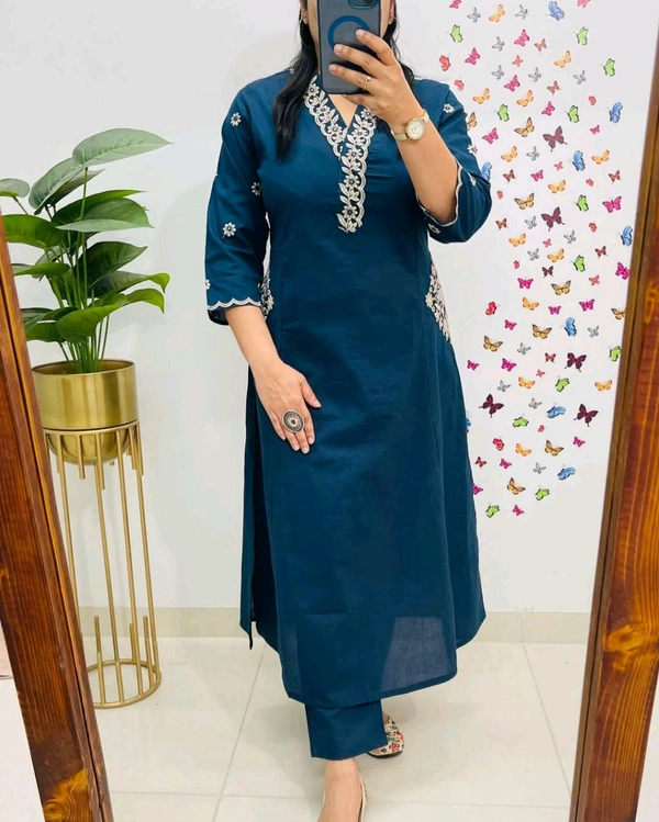 LCJ 5619 Designer Cotton* With Heavy thread Kurta pant Embroidery work side Pockets... - Blue, 2XL-44