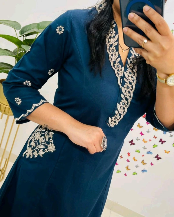 LCJ 5619 Designer Cotton* With Heavy thread Kurta pant Embroidery work side Pockets... - Blue, 2XL-44