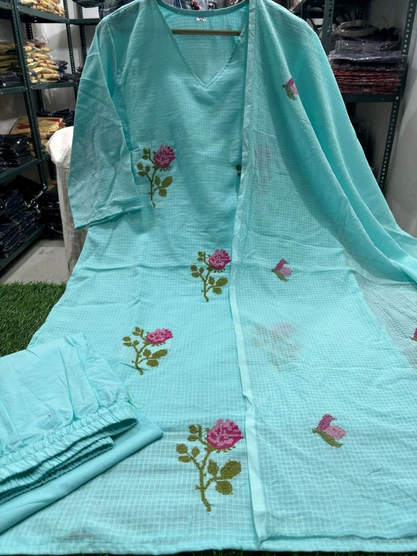 LCj 5620 * EMBROIDERED KOTA SET PURE SOFT COTTON  KOTA DORIYA KURTI KOTA DORIYA DUPATTA  - XL-42