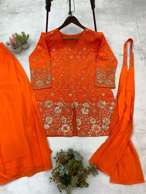 DSS 5622 *DESIGNER TRENDING TOP WITH SEQUENCE EMBROIDERY WORK PLAZZO EMBROIDERY WORK BELT  - Orange, 2XL-44