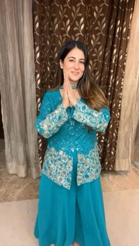 DSS 5622 *DESIGNER TRENDING TOP WITH SEQUENCE EMBROIDERY WORK PLAZZO EMBROIDERY WORK BELT  - Blue, L-40