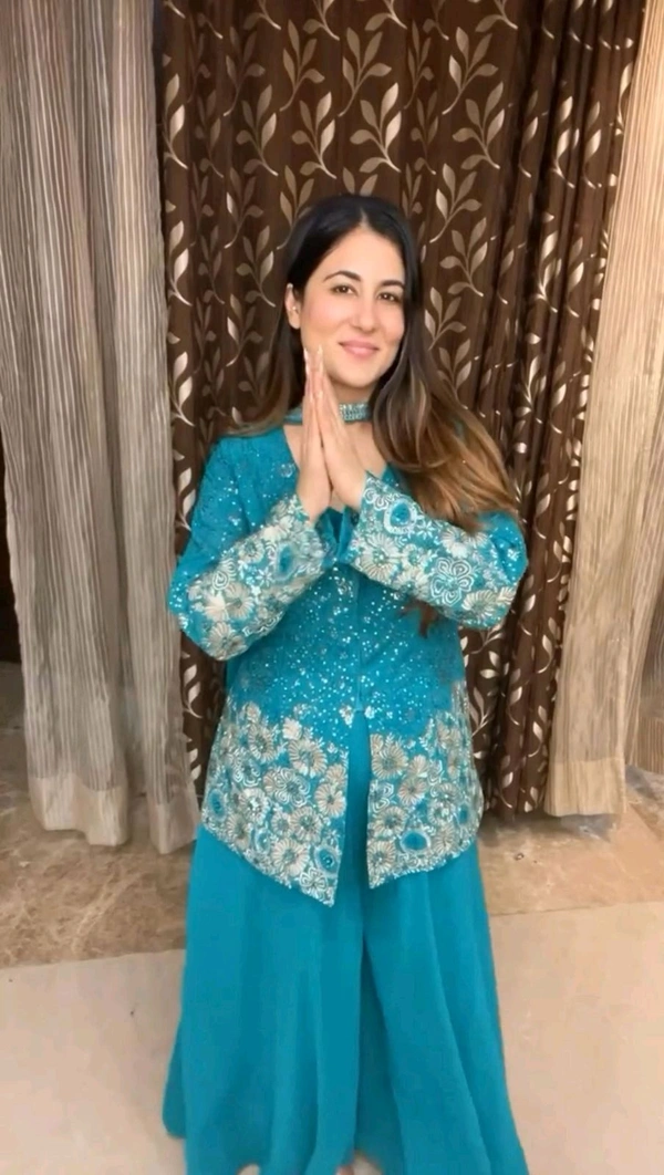 DSS 5622 *DESIGNER TRENDING TOP WITH SEQUENCE EMBROIDERY WORK PLAZZO EMBROIDERY WORK BELT  - Blue, L-40