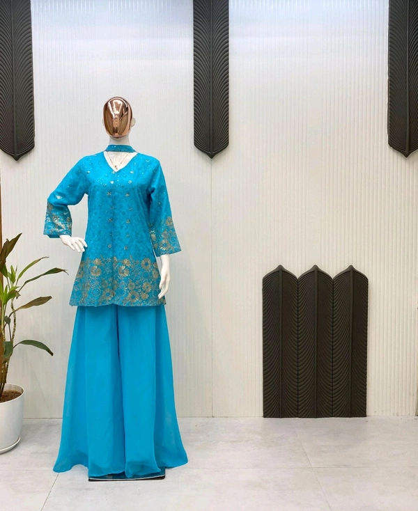DSS 5622 *DESIGNER TRENDING TOP WITH SEQUENCE EMBROIDERY WORK PLAZZO EMBROIDERY WORK BELT  - Blue, L-40
