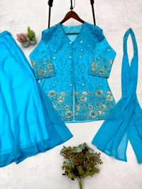 DSS 5622 *DESIGNER TRENDING TOP WITH SEQUENCE EMBROIDERY WORK PLAZZO EMBROIDERY WORK BELT  - Blue, L-40