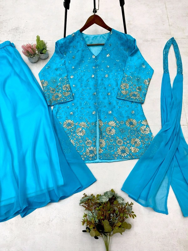 DSS 5622 *DESIGNER TRENDING TOP WITH SEQUENCE EMBROIDERY WORK PLAZZO EMBROIDERY WORK BELT  - Blue, L-40