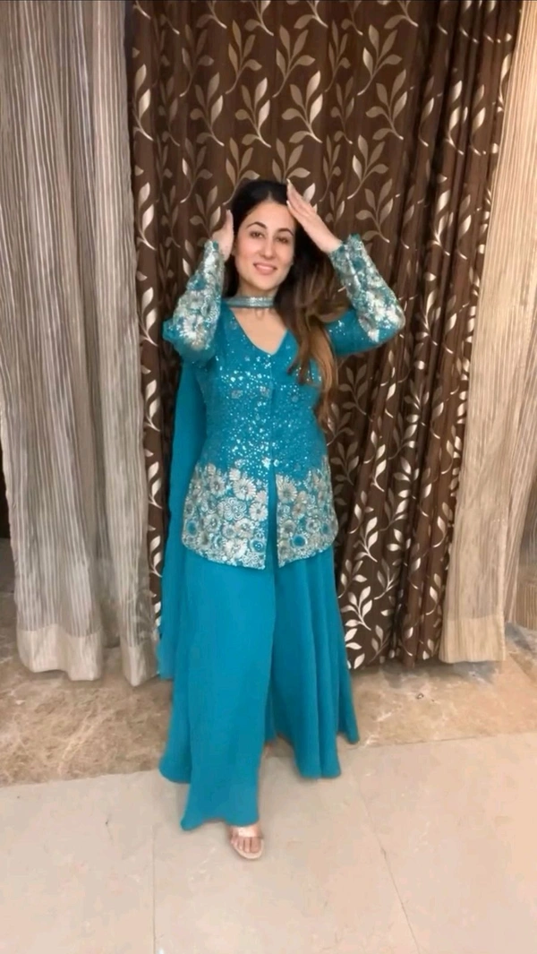 DSS 5622 *DESIGNER TRENDING TOP WITH SEQUENCE EMBROIDERY WORK PLAZZO EMBROIDERY WORK BELT  - Blue, XL-42