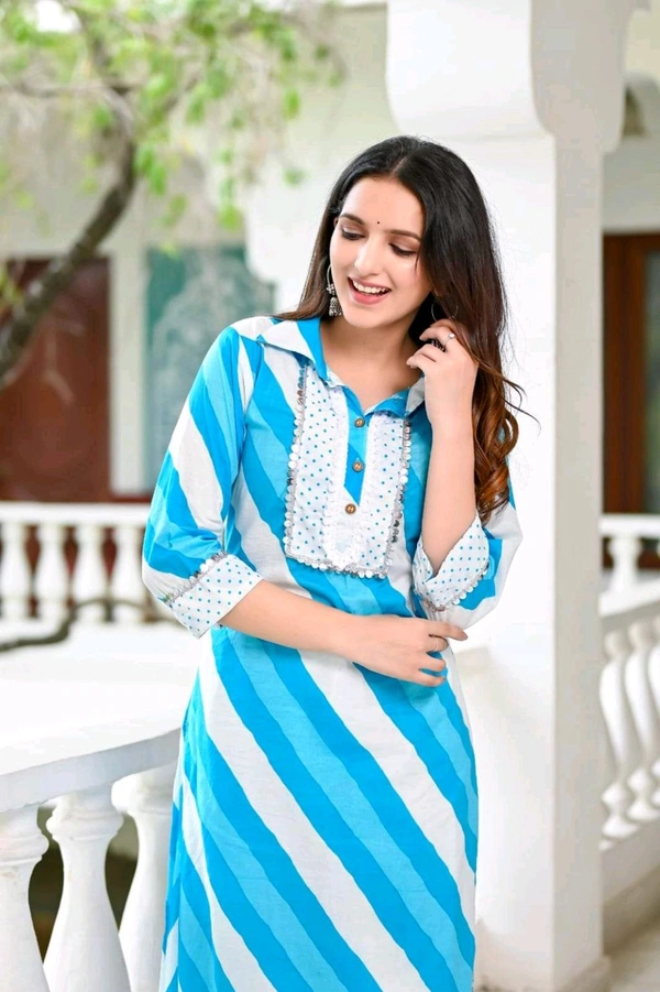 LCJ 5624 *New Lahriya print cotton kurti 
with afgani pen - Blue, L-40