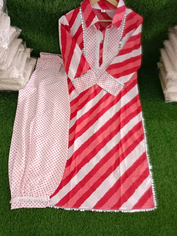 LCJ 5624 *New Lahriya print cotton kurti 
with afgani pen - Red, XL-42