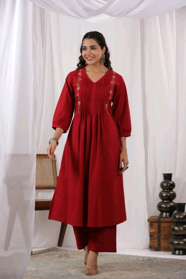 SF5 5631 Heavy Cotton With  embroidered  work Kurti Paired With Pant 
 - Red, L-40