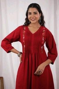 SF5 5631 Heavy Cotton With  embroidered  work Kurti Paired With Pant 
 - Red, XL-42