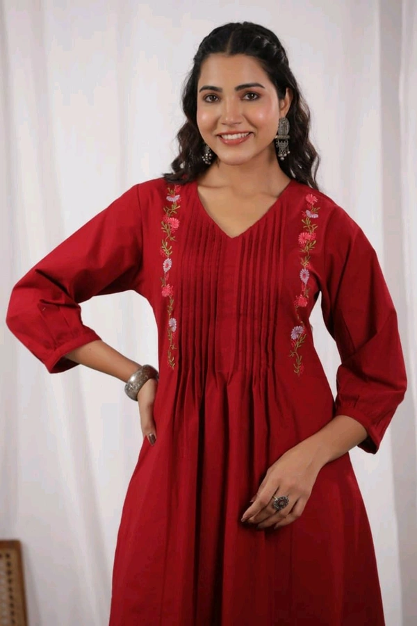 SF5 5631 Heavy Cotton With  embroidered  work Kurti Paired With Pant 
 - Red, XL-42