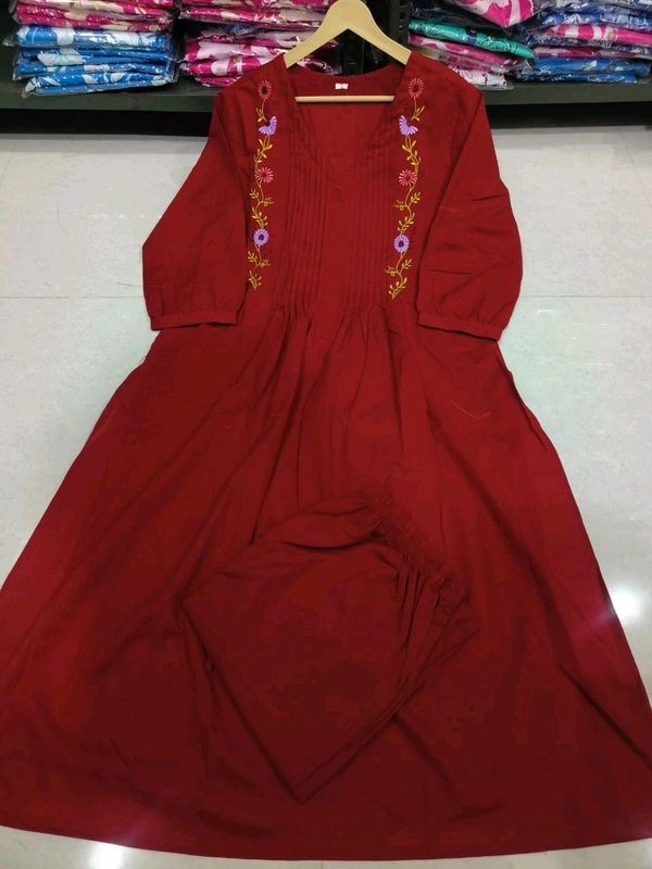 SF5 5631 Heavy Cotton With  embroidered  work Kurti Paired With Pant 
 - Red, XL-42