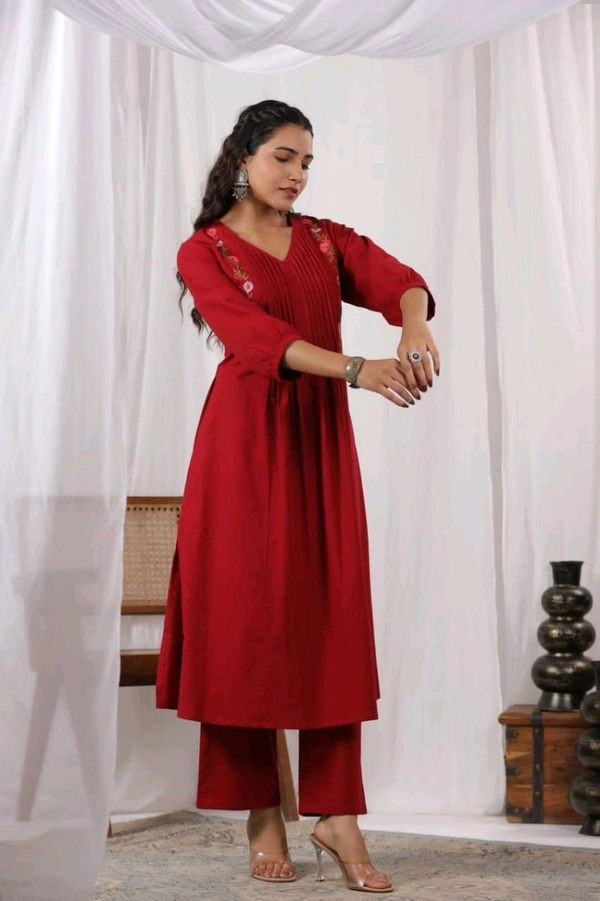 SF5 5631 Heavy Cotton With  embroidered  work Kurti Paired With Pant 
 - Red, 2XL-44