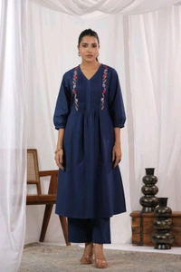 SF5 5631 Heavy Cotton With  embroidered  work Kurti Paired With Pant 
 - Blue, M-38