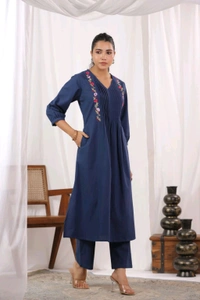 SF5 5631 Heavy Cotton With  embroidered  work Kurti Paired With Pant 
 - Blue, 2XL-44
