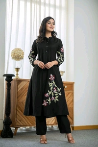 SF5 5631 Heavy Cotton With  embroidered  work Kurti Paired With Pant 
 - Black, L-40