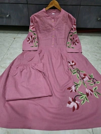SF5 5631 Heavy Cotton With  embroidered  work Kurti Paired With Pant 
 - Pink, 2XL-44