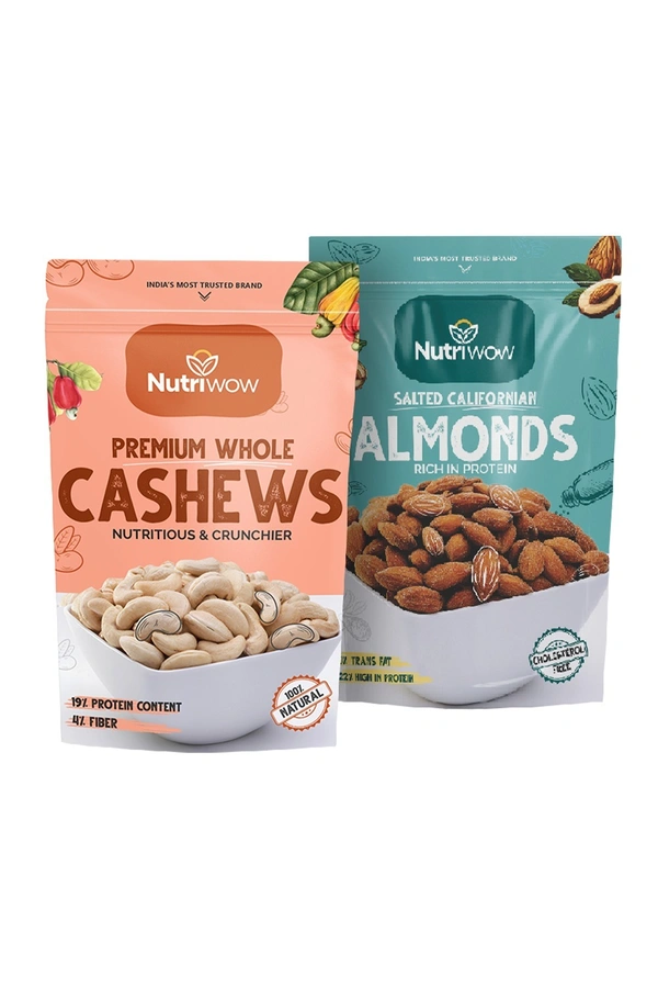 Nutriwow Premium Whole Cashews & Roasted & Salted Almonds | Kaju and Badam | 400g (200g each)