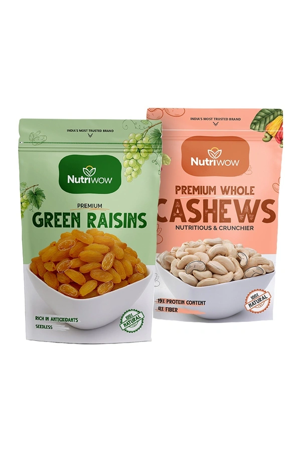 Nutriwow Premium Green Raisins 500g & Whole Cashews 200g | Kishmish & Kaju  |  