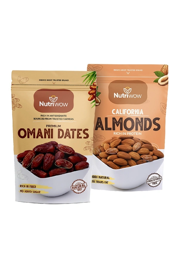 Nutriwow Premium Omani Dates 400g & Whole California Almonds 200g| Khajur and Badam x