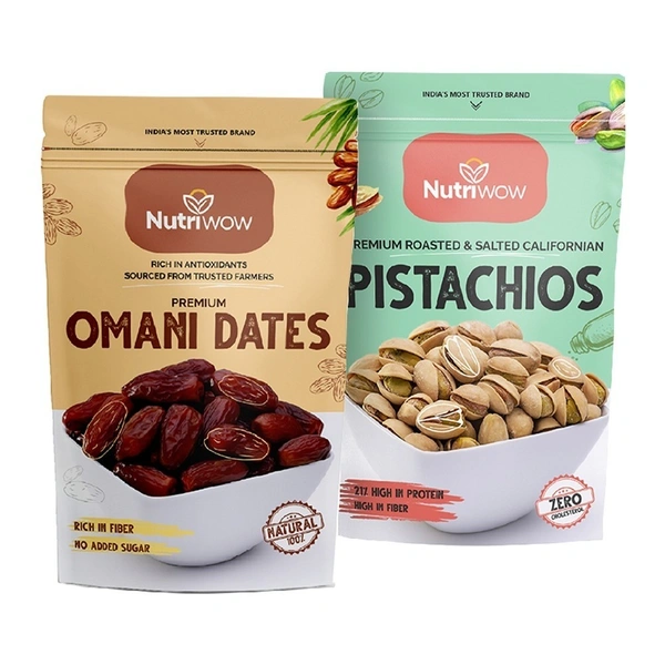 Nutriwow Premium Omani Dates 400g & Roasted & Salted Pistachios 200g | Khajur and Pista |