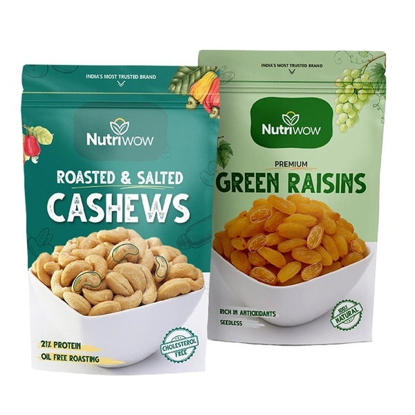 Nutriwow Premium Classic Roasted & Salted Cashew 200g & Premium Green Raisins 500g | Kaju and Kishmish - 700g