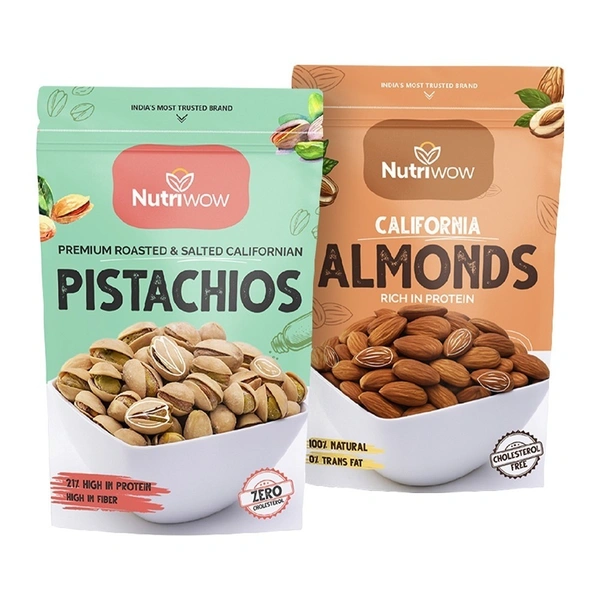 Nutriwow Premium Whole Almonds & Classic Roasted & Salted Pistachios | Badam And Pista | 400g (200g each) - 400g