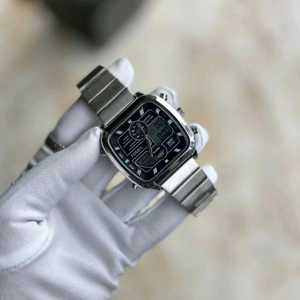 Fossil Retro Anadigital Analog-Digital Black Dial Men's Watch With High Quality Strap Best Finishing Body & Case - Silver