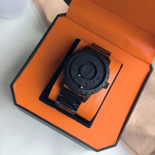 Luxury All-Black Zodiac-Inspired Rotating Metal Ball Dial Watch – Premium Stainless Steel Strap & Bold Design - Without Box