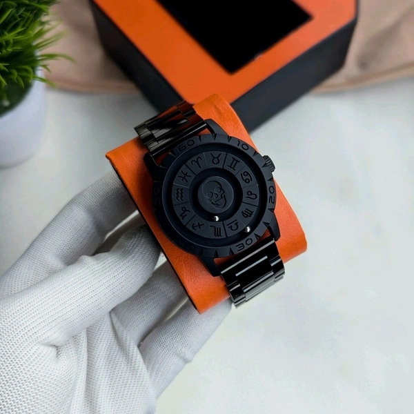 Luxury All-Black Zodiac-Inspired Rotating Metal Ball Dial Watch – Premium Stainless Steel Strap & Bold Design - Without Box