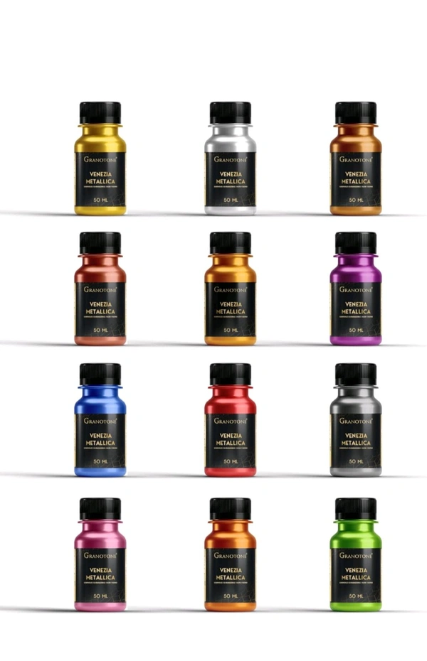 GRANOTONE Venezia Metallic Acrylic Paint - 50ml, 12 Shades, Non-Fading, Indoor/Outdoor, Non-Toxic, for Artists, Hobbyists & Kids, Made in India