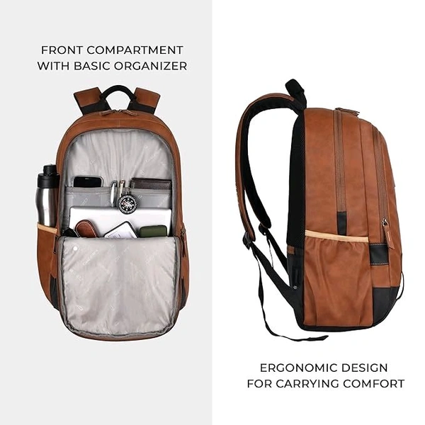 Classical 18" Inches Vegan Leather Laptop Backpack For Men/Women, Tan & Black