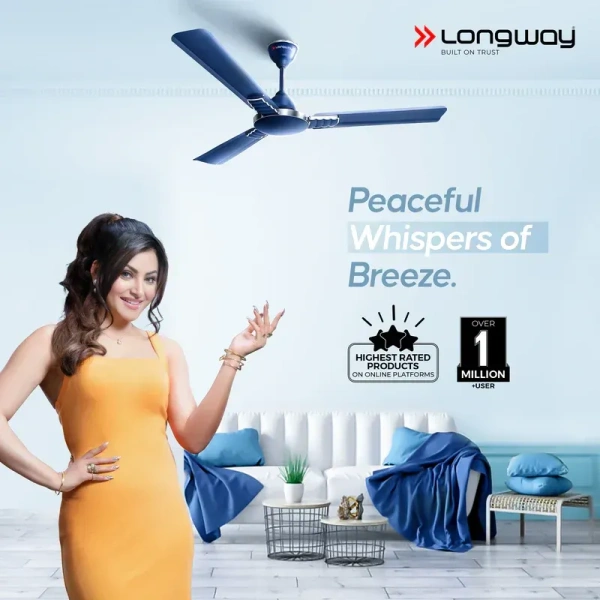 Longway Wave 1200 mm 3 Blade ceiling fan with Ultra High Speed - Blue