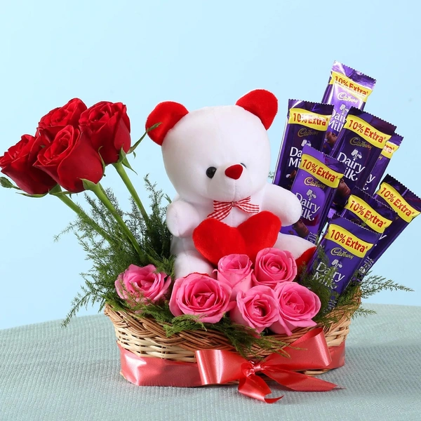 Rose Chocolate Teddy Basket 