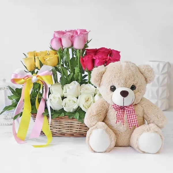 Mix Rose & Teddy Basket 