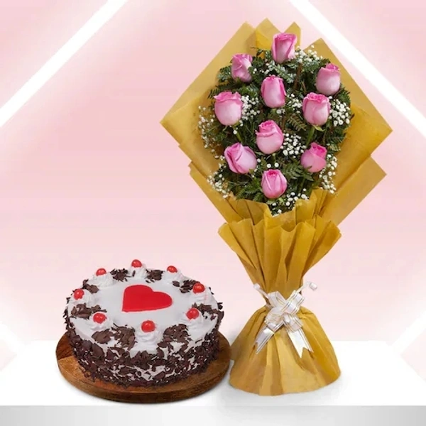 Pink Rose Bunch &  Black Forest Cake