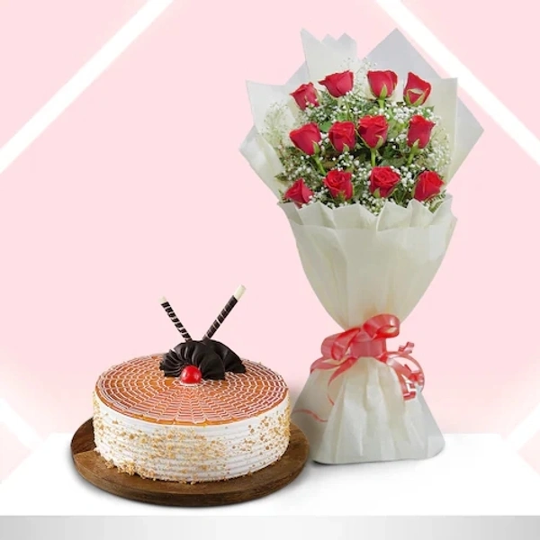 Red Rose Bunch With Butterscotch Cake