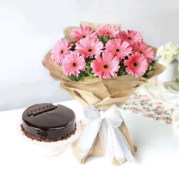 Pink Gerbera Bouquet And Chocolate Cake