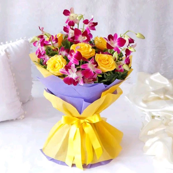 Yellow Roses And Orchid Bouquet 