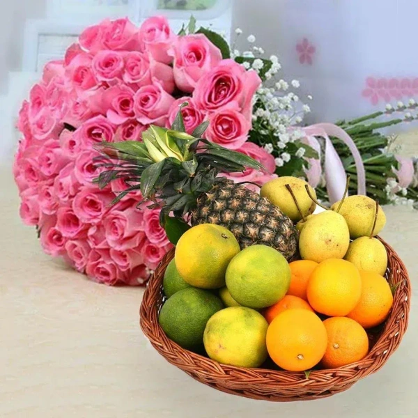 pink roses with fruits baskets