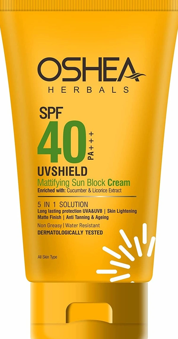 Oshea Herbals UVshield Mattifying Spf 40 Oshea Herbals UVshield Mattifying 5 in 1 Sun Block Cream | SPF 40 | Enriched with Cucumber & Licorice Extract (120 gm, Yellow)