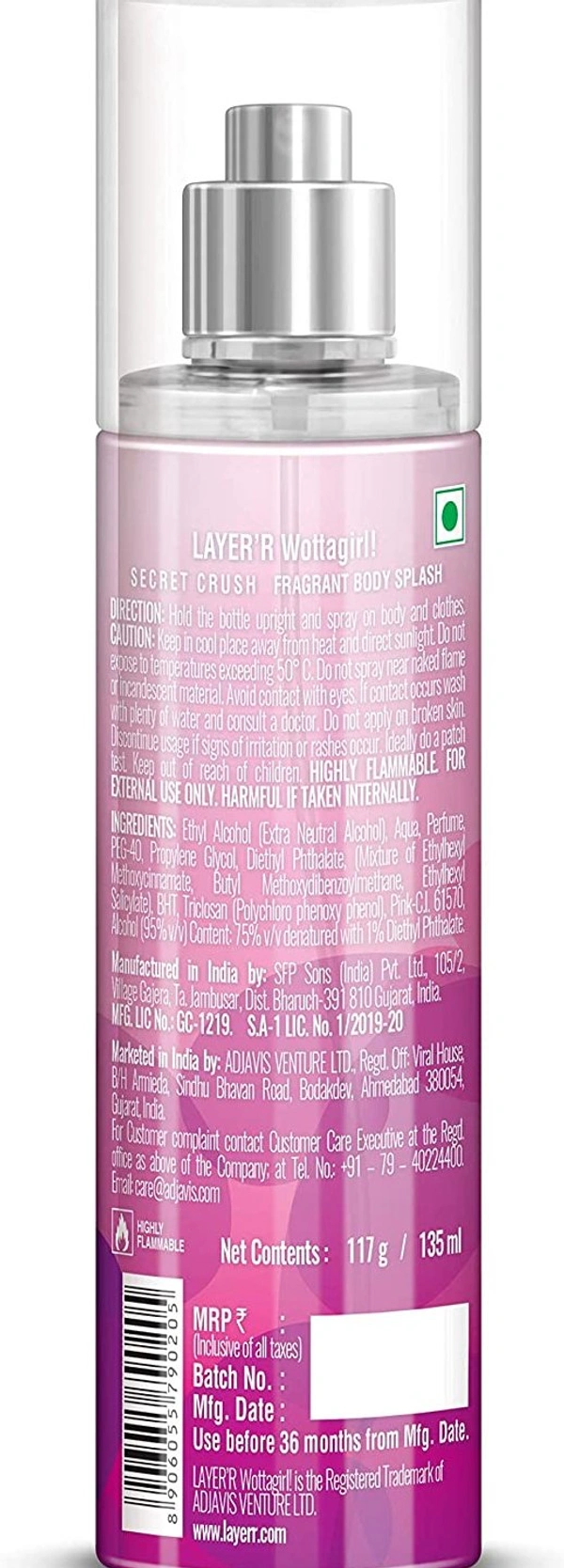 Layer'r Wottagirl Secret Crush Body Splash For Women, 135ml