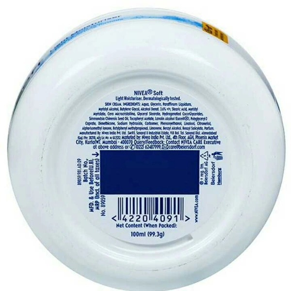 NIVEA Soft Light Moisturizer for Face, Hand & Body, Non-Sticky Cream with Vitamin E & Jojoba Oil 100ml 