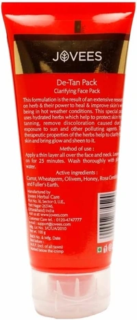 Jovees Herbal De-Tan Face Pack, 100 g | Wheat Germ and Carrot For Tan Removal and Skin Revitalization | All Skin Type Pack of 1