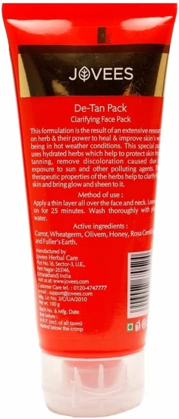 Jovees Herbal De-Tan Face Pack, 100 g | Wheat Germ and Carrot For Tan Removal and Skin Revitalization | All Skin Type Pack of 1