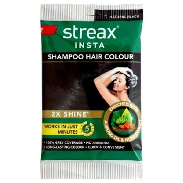 Streax Shampoo Hair Colour-Natural Black-2 Streax Insta Shampoo Hair Colour-Natural Black-25 ml-Pack of 8