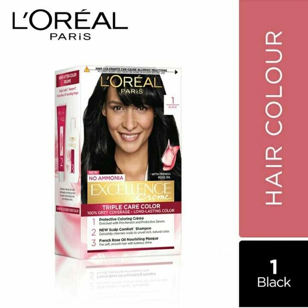 L'Oreal Paris Excellence Creme Hair Color, 1 Black, 72ml+100g